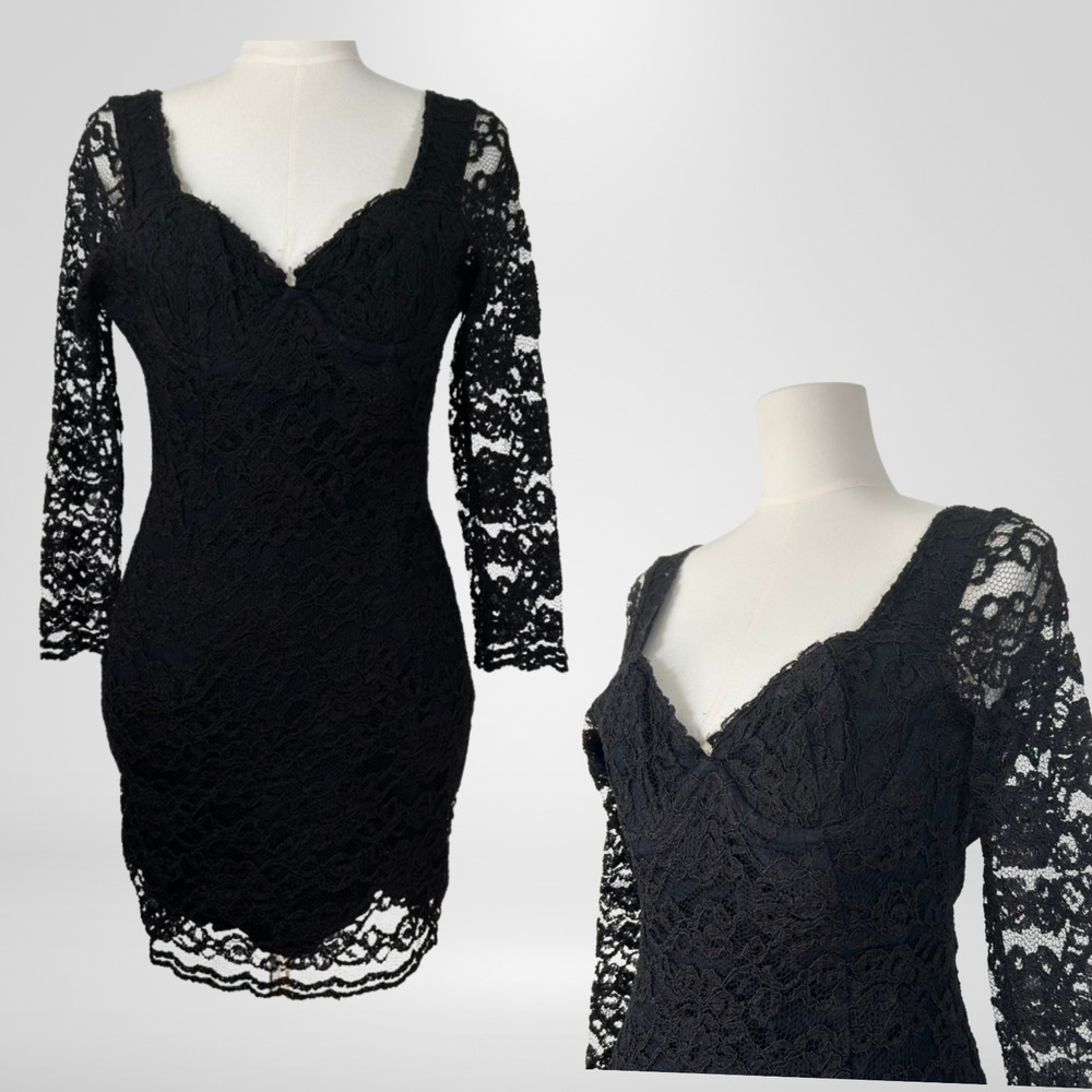 VTG Moda Intl Womens Y2K Babydoll Black Lace Mini Dress Size 6 Whimsigoth Grunge